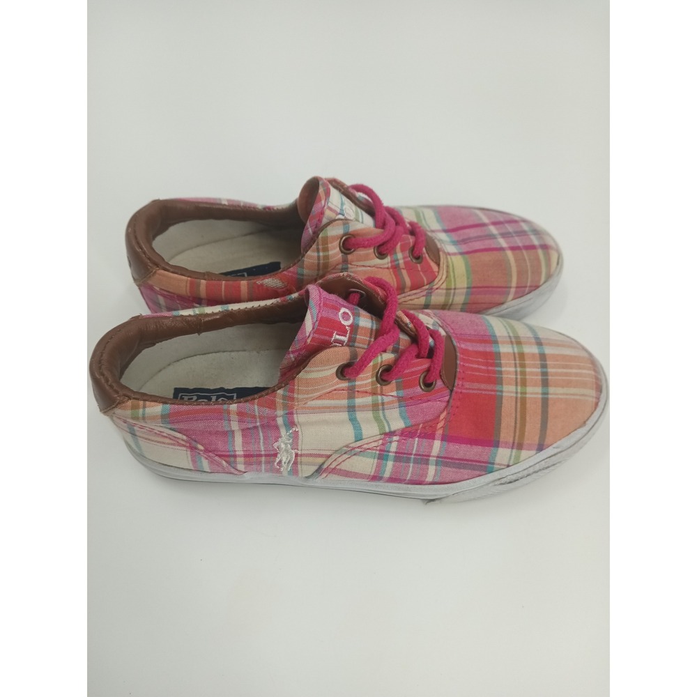 Polo Ralph Lauren‎ Vaughn Kids Plaid Sneakers Pink Orange Size 1 J415-1212